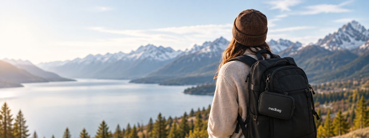 Traveler with a backpack overlooking mountains and a lake